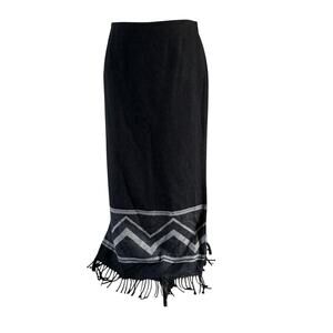 Vtg Y2K 2000s Black Wool Blend Fringe Wrap Skirt Plus Size 16